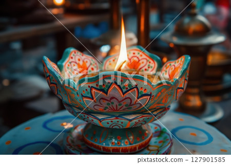 Beautifully painted and decorated oil lamp burning with a bright flame, symbolizing hope, faith, and celebration 127901585