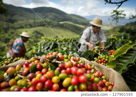 Freshly harvested coffee beans sitting in burlap sack with farmers collecting more in background 127901593