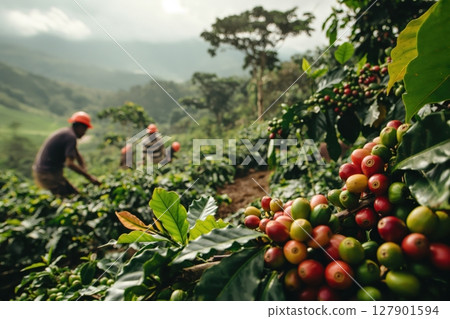 Closeup of ripe coffee beans growing on a coffee plant with farmers harvesting beans in the background 127901594
