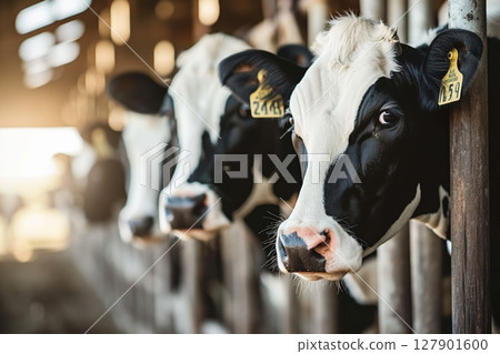 Black and white dairy cows standing in a row in a barn, looking through the fence 127901600