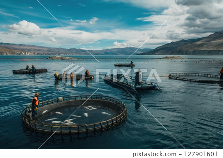 Fish farm workers are collecting salmon from a cage in the sea in chile on a sunny day Fish farm workers are collecting salmon from a cage in the sea in chile on a sunny day 127901601