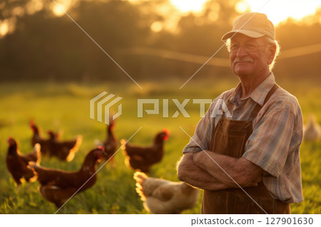 Senior farmer standing with arms crossed in a field at his poultry farm as the sun sets 127901630