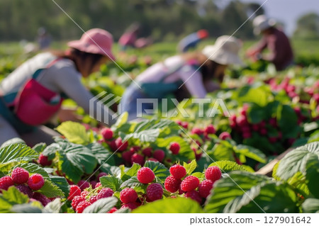 Farmers picking ripe organic raspberries in a sunny field, showcasing agriculture in action. Vibrant red berries contrast with green leaves, capturing the essence of rural farming 127901642