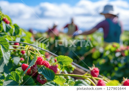 Ripe raspberries growing on a farm with farmers working in a blurred background Ripe raspberries growing on a farm with farmers working in a blurred background 127901644
