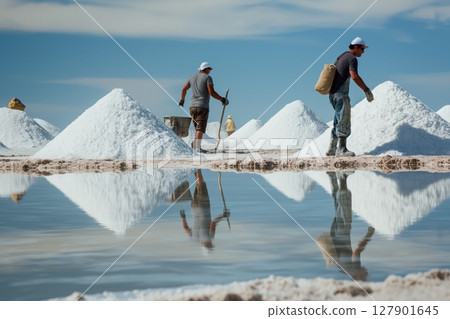 Two salt workers walking on a salt flat carrying their tools and harvesting salt on a sunny day 127901645