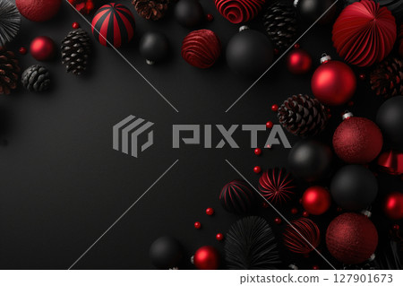 Christmas composition forming a frame with red and black ornaments and pine cones on a dark background 127901673