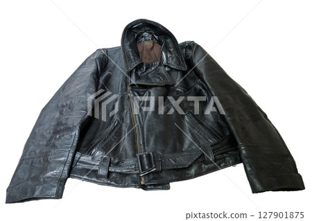 Old and aged black leather perfectoin 127901875