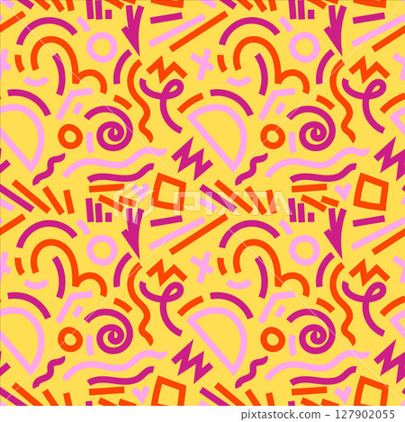 Abstract 80s or 90s hand drawn seamless pattern. memphis style hand drawn illustration. Bright trendy color palette. Circles, squares, lines, spiral. Yellow, pink, orange 127902055