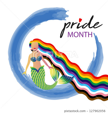 Pride month concept, mermaid with long rainbow hair, waves flag. Banner Pride symbol, LGBTQIA+, sexual minorities, gays and lesbians. Background Love is love, colorful icon isolated, marine template Pride month concept, mermaid with long rainbow hair, waves flag. Banner Pride symbol, LGBTQIA+, sexual minorities, gays and lesbians. Background Love is love, colorful icon isolated, marine template 127902056