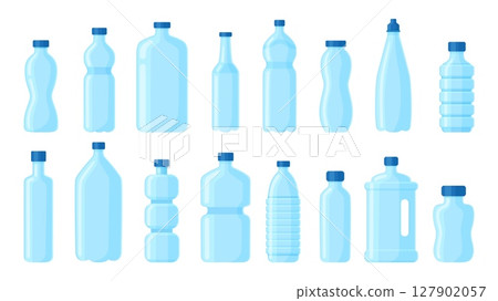 Cartoon empty plastic bottles. Containers for liquids, drinking and technical water. Aqua packaging shapes, beverages package, neoteric vector set Cartoon empty plastic bottles. Containers for liquids, drinking and technical water. Aqua packaging shapes, beverages package, neoteric vector set 127902057