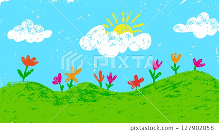 Color pencil nature landscape. Children crayon drawing style illustration. Green meadow, white clouds, sun and flowers. Neoteric vector scene 127902058