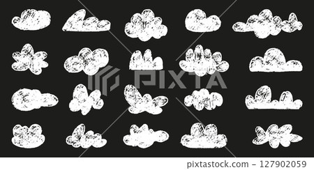 Chalk drawing clouds. White cloud icons crayon style painting, children draw naivy design. Weather nature icons, pencil doodle neoteric vector elements Chalk drawing clouds. White cloud icons crayon style painting, children draw naivy design. Weather nature icons, pencil doodle neoteric vector elements 127902059