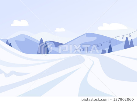 Winter ski resort landscape. Ski and snowboard slopes in mountains. Seasonal sport travel place on nature in forest and mountain, vector background 127902060