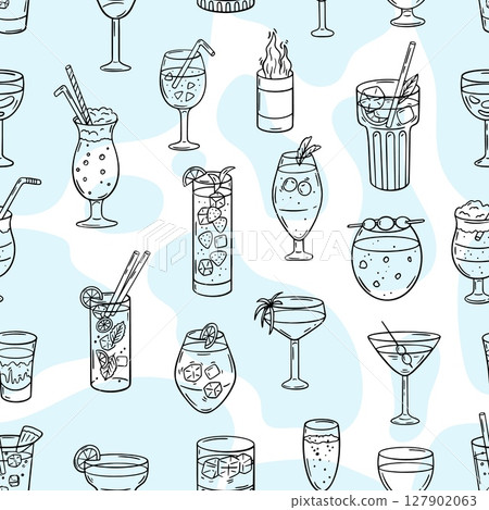 Sketch cocktails seamless pattern. Alcoholic drinks, different beverages with lime lemon. Beach bar party print design. Drinks vector background Sketch cocktails seamless pattern. Alcoholic drinks, different beverages with lime lemon. Beach bar party print design. Drinks vector background 127902063