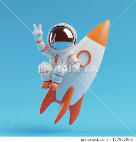 A cute 3D cartoon astronaut in a white and orange suit rides a rocket, giving a thumbs-up against a plain blue background. A cute 3D cartoon astronaut in a white and orange suit rides a rocket, giving a thumbs-up against a plain blue background. 127902068