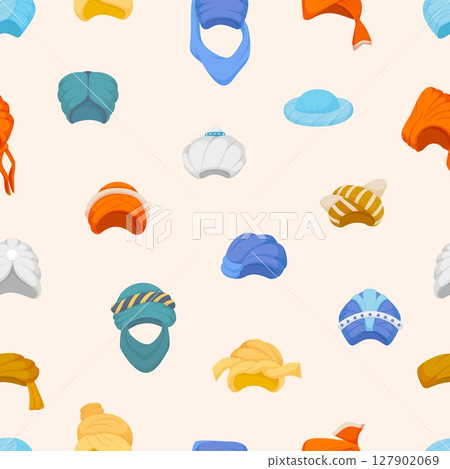 Oriental head accessories. Turbans seamless pattern, cartoon traditional muslim headdress. Decorative print for fabric design, vector background Oriental head accessories. Turbans seamless pattern, cartoon traditional muslim headdress. Decorative print for fabric design, vector background 127902069