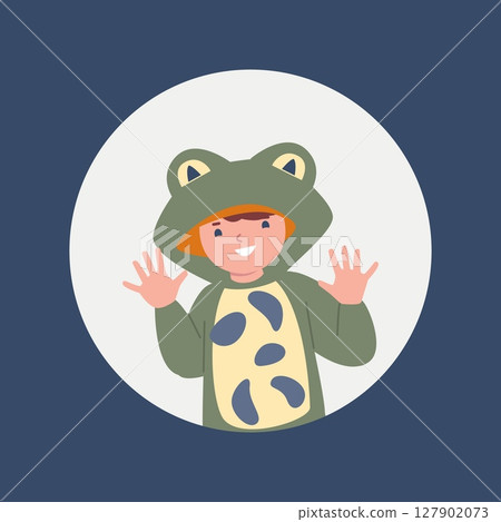 Hello print with happy kid in amigurumi frog costume. Cute toddler in pajama or carnival suit. Positive emotional sticker, childish vector character 127902073