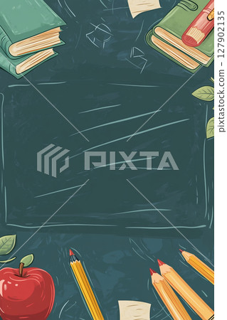 An illustration of a dark chalkboard background with various school supplies: books, pencils, and an apple, scattered around the edges. 127902135