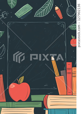 An illustration of a dark chalkboard background with various school supplies: books, pencils, and an apple, scattered around the edges. An illustration of a dark chalkboard background with various school supplies: books, pencils, and an apple, scattered around the edges. 127902136