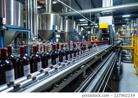 Wine bottles smoothly glide on conveyor belt in busy factory, showcasing modern technology and efficiency of production line 127902239