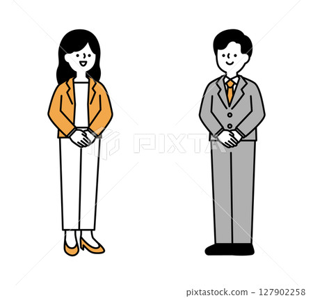 A simple full-body illustration of a smiling business person 127902258