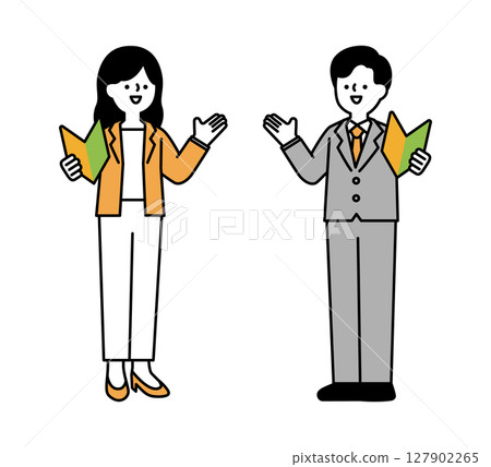Full-body illustration of a smiling business person talking while holding a beginner's mark Full-body illustration of a smiling business person talking while holding a beginner's mark 127902265