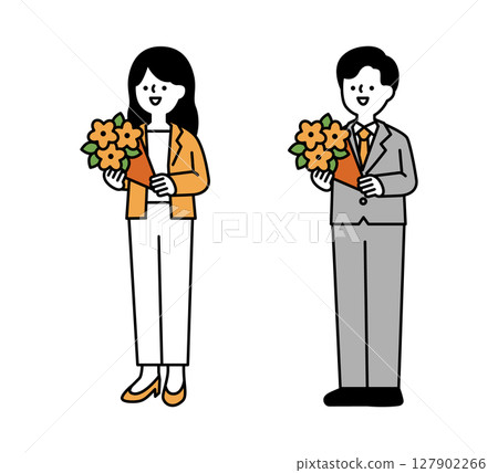 Full-body illustration of a smiling business person holding a bouquet 127902266
