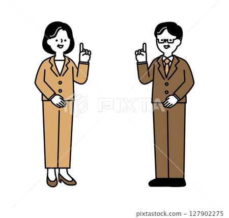 一位中年和老年商務人士微笑解釋的簡單全身插畫 127902275
