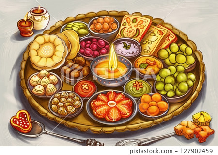 Richly detailed illustration showing a diwali thali laden with traditional indian sweets, snacks, and a lit diya, capturing the festive spirit of the occasion Richly detailed illustration showing a diwali thali laden with traditional indian sweets, snacks, and a lit diya, capturing the festive spirit of the occasion 127902459