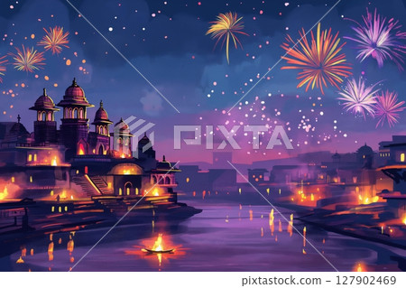 Illustration of fireworks exploding over an ancient indian city on diwali night, with people celebrating on the riverbank 127902469
