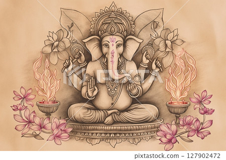 Drawing of lord ganesha sitting in lotus pose with floral ornaments and fire, a spiritual and decorative illustration of hinduism Drawing of lord ganesha sitting in lotus pose with floral ornaments and fire, a spiritual and decorative illustration of hinduism 127902472