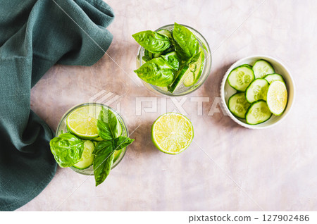 Spa spritz with cucumber, lime and basil in glasses on the table top view 127902486