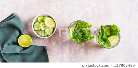 Low alcohol refreshing herbal spa spritz in glasses on the table top view web banner 127902489