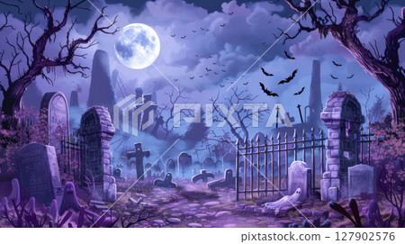 Spooky night graveyard halloween background 127902576