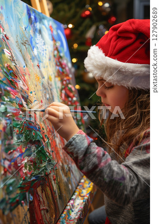 Little girl indoors at home at Christmas, painting pictures with christmas tree. 127902689