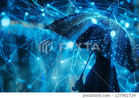 Abstract glowing umbrella representing digital safety net on blue technology background 127902724