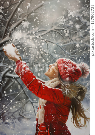 Joyful woman in red jacket playing with snowflakes in winter wonderland 127902725