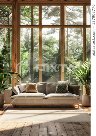 Stylish modern living room featuring large windows and cozy sofa with forest view 127902776