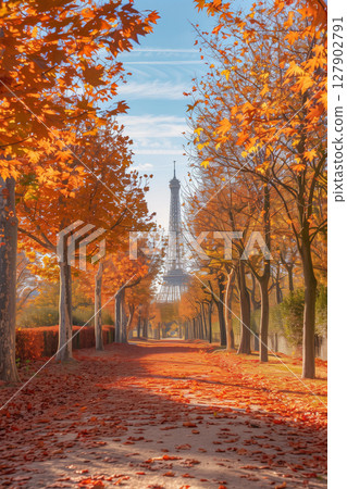 Autumn splendor in paris: scenic pathway graced by fall foliage and eiffel tower 127902791