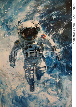 Retrofuturistic portrait of an astronaut navigating a cosmic storm 127902878