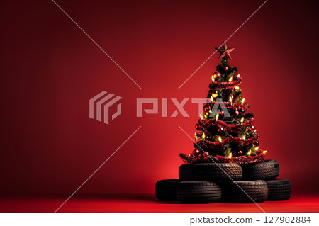 Christmas tree made of car tires and wheels on red background with copy space 127902884