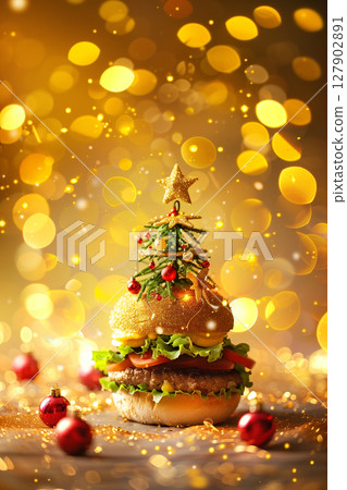 Christmas Hamburger Decorated Like a Festive Tree on Golden Bokeh Background 127902891