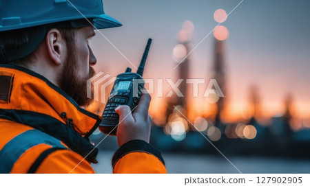 Maritime Worker Coordinating Cargo Operations During Shift Using Walkie-Talkie at Dusk Maritime Worker Coordinating Cargo Operations During Shift Using Walkie-Talkie at Dusk 127902905