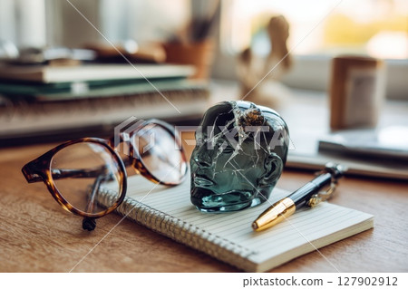 Abstract Glass Head Sculpture with Visible Cracks and Stylish Eyeglasses on Wooden Table Abstract Glass Head Sculpture with Visible Cracks and Stylish Eyeglasses on Wooden Table 127902912