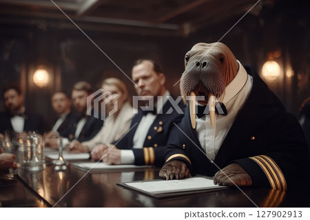 A Serious Walrus Dressed in an Executive Suit at a Formal Meeting Table with Colleagues 127902913