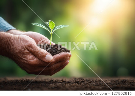 A person is holding a small plant in their hands A person is holding a small plant in their hands 127902915