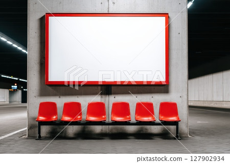 A white billboard with red letters and a red bench behind it A white billboard with red letters and a red bench behind it 127902934