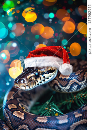 Striped royal python snake wearing a festive santa claus hat isolated on lights bokeh background 127902953
