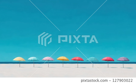 A sandy beach lined with colorful beach umbrellas that stand out against the blue sky and sea_1 A sandy beach lined with colorful beach umbrellas that stand out against the blue sky and sea_1 127903022