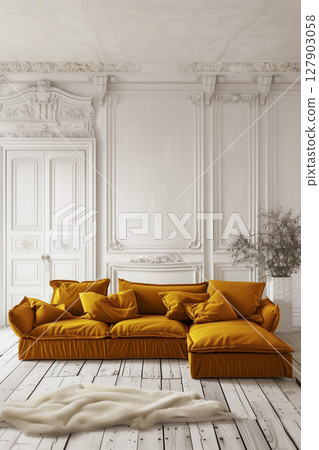 Mustard yellow modular sofa in a stylish minimalist living room design 127903058